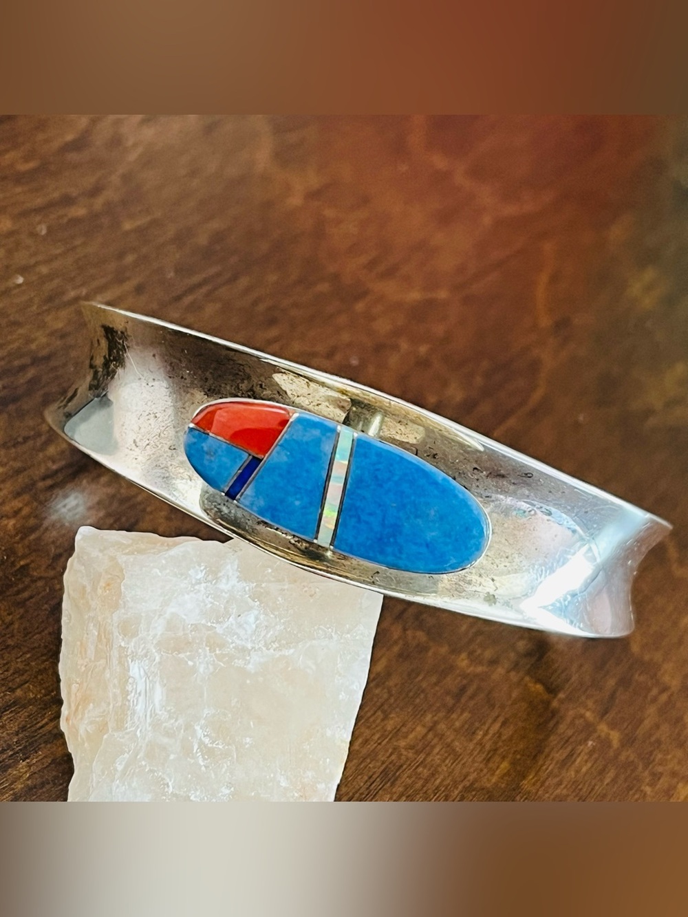 Native Navajo Denim Lapis Coral Opal Sterling Inlay Cuff Bracelet Signed